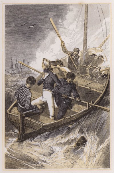 Nelson satte ombord på sitt skepp under en storm (färgad gravyr) av Myles Birket (after) Foster