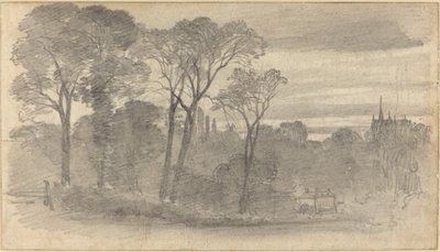 Ett kvällslandskap med en avlägsen katedral av Myles Birket Foster