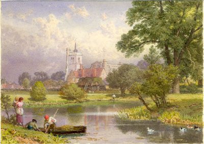 Elstow, Bedfordshire (John Bunyans födelseplats) (bc och wc på kort) av Myles Birket Foster