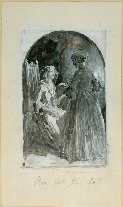 "Emma som tar billet från Madelaine i hennes hårda hand" (bc, penna och wc på papper) av Myles Birket Foster