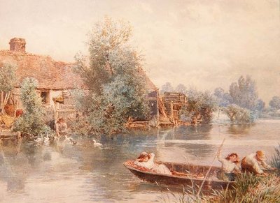 Att leka på floden (akvarell) av Myles Birket Foster