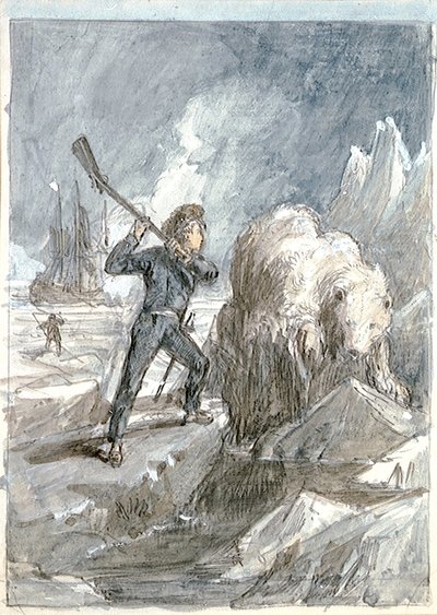 Nelson möter en björn, ca 1854 (grå lav, förstärkt med vitt, akvarell, grafit) av Myles Birket Foster
