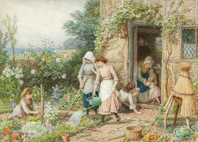 De små trädgårdsmästarna (akvarell) av Myles Birket Foster