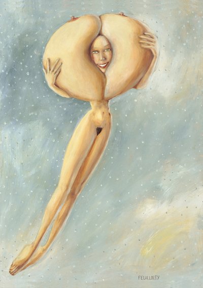 Surrealistisk svävande nakenfigur av Myriam Feuilloley