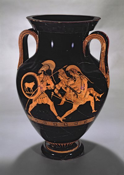Attisk bukamfora med röd figur som visar bortförandet av Antiope med Theseus och Pirithous, ca 500-490 f.Kr. (keramik) av Myson