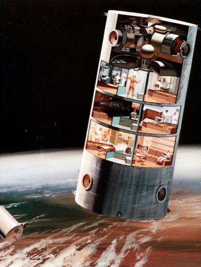 En futuristisk syn på att leva i rymden, c1970-talet. av NASA Images