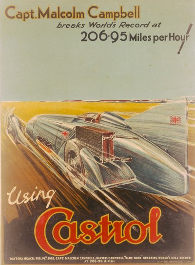 Affisch som annonserar Castrol, med Bluebird, 1928 av NF Humphries