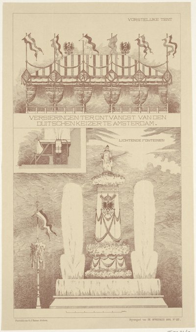 Dekorationer vid den tyska kejsarens besök i Amsterdam, 1891 Dekorationer för mottagandet av den tyske kejsaren i Amsterdam (titel på objekt) av NV Drukkerij G.J. Thieme