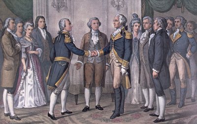 Det första mötet mellan general George Washington (1732-99) och markisen de La Fayette (1757-1834) Philadelphia, 3 augusti 1777, publicerad 1876 (litho i färg) av N. and Ives J.M. (after) Currier