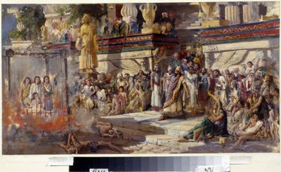 De tre unga judarna i den eldiga ugnen (The Three Young Men In The Fiery Furnace). Nebukadnessar II, kung av Babylon mellan 605 och 562 f.Kr., lät kasta de tre judarna som vägrade att böja sig inför sin gyllene staty i elden. Sedan Q av N. T. Malyshev
