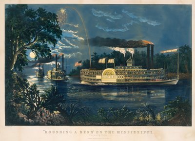 "Rounding a Bend" på Mississippi – The Parting Salute av Currier and Ives