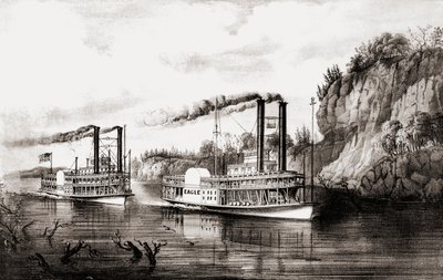 Ångbåtar som tävlar på Mississippifloden, USA. av N. and Ives J.M. Currier