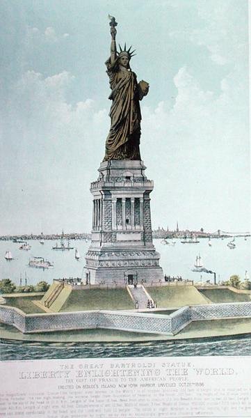 Den stora Bartholdi-statyn, Liberty Enlightening the World (färg litho) av Currier and Ives