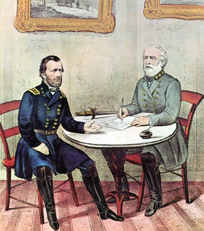 Amerikanischer Bürgerkrieg: Generäle Grant (links) und Lee treffen sich am Palmsonntag 1865, um die Kapitulationsbedingungen für Lees Armee von Nord-Virginia zu besprechen von N. and Ives J.M. (1824-95) Currier