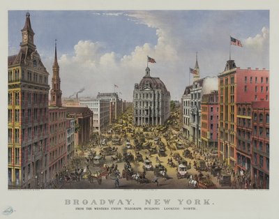 Broadway, New York från Western Unions telegrafbyggnad ser norrut av Currier and Ives