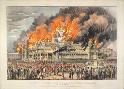 Bränning av New York Crystal Palace tisdagen den 5 oktober 1858 (färglitografi)   Färgad litografi av Currier and Ives