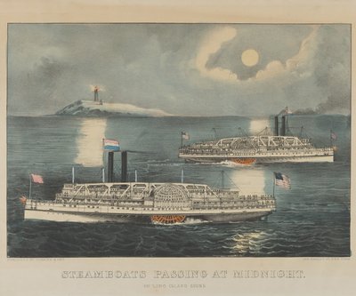 Ångbåtar passerar vid midnatt på Long Island Sound av Currier and Ives