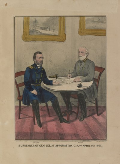 Överlämnande av genl. Lee, på Appomattox C.H. Va. 9 april. 1865 (färglitografi) av Currier and Ives