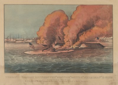 Fantastisk strid mellan "Monitor" 2 Guns & "Merrimac" 11 Guns In Hampton Roads 9 mars 1862 (handfärgad litografi) av Currier and Ives