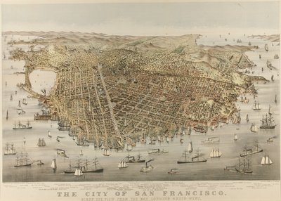 The City of San Francisco - Fågelperspektiv från bukten, med utsikt mot sydväst av Currier and Ives