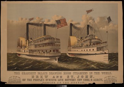 Der prächtigste Palast-Zeichensaal-Dampfer der Welt, Drew und St. John der Peoples Evening Line zwischen New York & Albany... von N. and Ives J.M. (1824-95) Currier