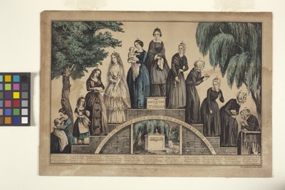 Kvinnans liv och ålder/stadier av kvinnans liv från vaggan till graven (handfärgad litografi) av N. and Ives J.M. (1824 95) Currier
