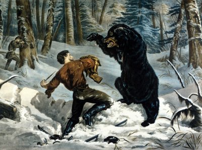 The Life of Trappers (Professional Hunters) i Kanada: En jägare attackeras av en Grizzlybjörn. Illustration av Yves och Currier. av Currier and Ives