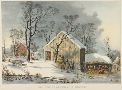 Gamla hembygdsgården på vintern av Currier and Ives