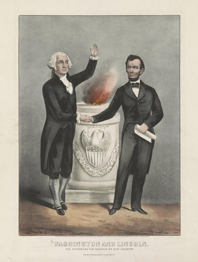 Washington och Lincoln. Vårt lands fader och frälsare, ca 1865 (färglitografi) av Currier and Ives