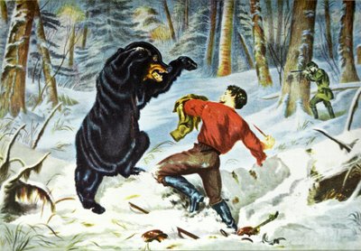 Currier & Ives Illustration 1800-talet. En jägares liv. En tight fix. av N. and Ives, J.M. Currier