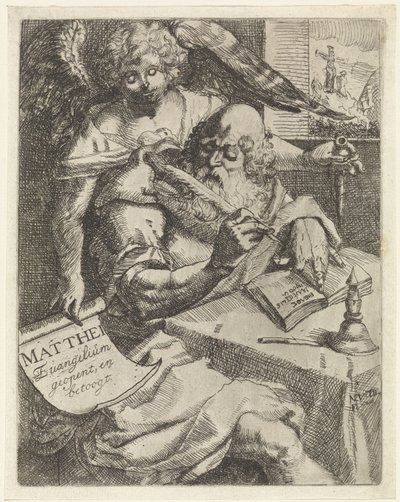 Matteus evangelisten Matthei Evangelium öppnar och argumenterar (titel på objekt) Titelsida för: S. van Til, Het euangelium des H. apostles Matthæi (...) öppnad med kortfattade anteckningar, 1687 av N. van Til