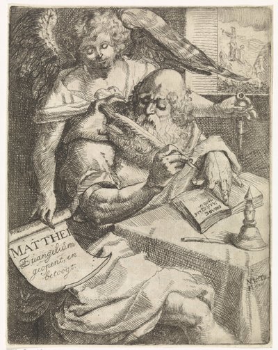 Matteus evangelisten Matthei Evangelium öppnar och argumenterar (titel på objekt) Titelsida för: S. van Til, Het euangelium des H. Apostles Matthæi (...) öppnad med korta anteckningar, 1687 av N. van Til