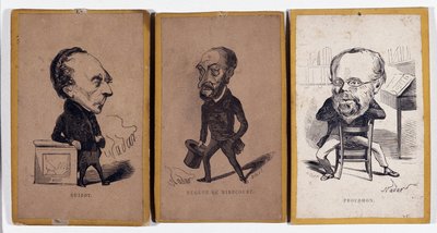 3 Porträttladdning (porträttladdning): Francois Pierre Guillaume Guizot (1787-1874), fransk historiker och politiker, Charles Jean-Baptiste (Jean Baptiste) Jacquot dit Eugene de Mirecourt (1812-1880), fransk journalist och författare, och Pierre -Joseph Pr av Nadar