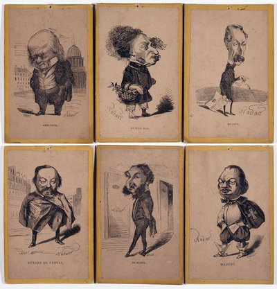 6 Charge-porträtt: Pierre Jean de Beranger (1780-1857) fransk låtskrivare, Alexandre Dumas fils (1824-1895), Louis Adrien Huart (1813-1865) fransk journalist, författare och teaterchef, Gerard de Nerval (1808-1855), Den franske författaren Charles Matharel av Nadar