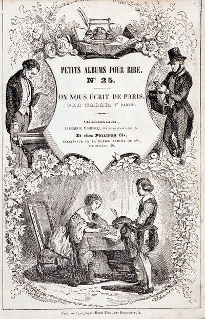 Frontispice av "Små album för skratt nummer 25. De skrev oss från Paris. Andra delen”,1850 (gravyr) av Nadar