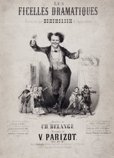 Porträtt av Jean Berthelier (1830-1888) med söner till dockor. Album "Les Ficelles Dramatiques deroulees av Berthelier de l