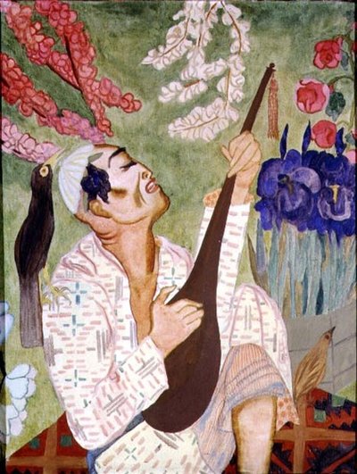 Japansk man som spelar en lut (olja på duk) av Nadezhda Vladimirovna Lermontova