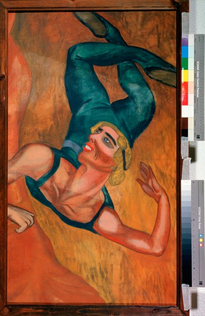 Saut (hopp) - En akrobat gör ett hopp, leende ansikte, flexibel kropp deformerad av posen i upphängning i luften - Målning av Nadezhda Vladimirovna Lermontova (1885-1921), olja på duk av Nadezhda Vladimirovna Lermontova