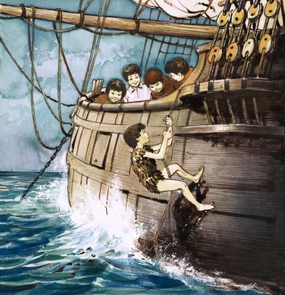 Peter Pan klättrar ombord, illustration ur "Peter Pan" av J.M. Barrie (gouache på papper) av Nadir Quinto