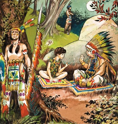 Peter Pan samtalar med hövdingen, illustration ur "Peter Pan" av J.M. Barrie (gouache på papper) av Nadir Quinto