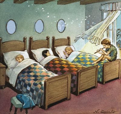 Wendy, Michael och John Sleeping, illustration ur "Peter Pan" av J.M. Barrie (gouache på papper) av Nadir Quinto