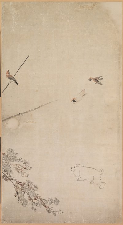Valpar, sparvar och krysantemum, 1754-1799. av Nagasawa Rosetsu