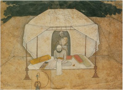 Balwant Singh sittande och skrivande på en lägersäng av Nainsukh