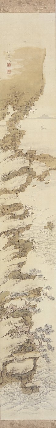 Cliffside Landscape With Boats (bläck och färg på siden) av Nakabayashi Chikkei