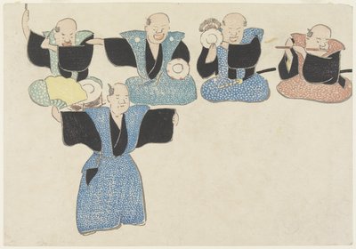 Dansare och fyra musiker, 1700-1800-tal (träblock i färg) av Nakamura Hochu