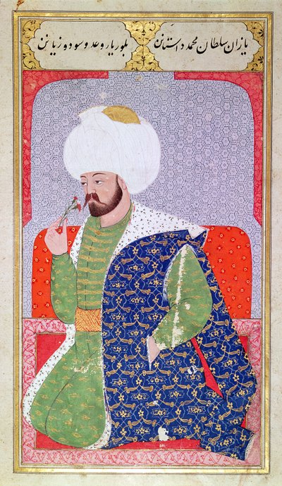 Ms Hazine.1563 Mehmed II (1432-1481), från "Semailname", 1579 (bläck och bladguld på veläng) av Nakkaş Osman