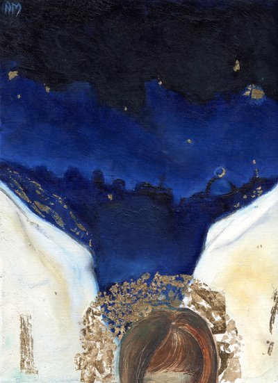 Natt ängeln fick sina vingar, 2014, (olja och bladguld på kort) av Nancy Moniz Charalambous