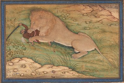 Jaktens faror, ett lejon kastar sig över en jägare, ca 1615 (ogenomskinlig wc på silke) av Nanha