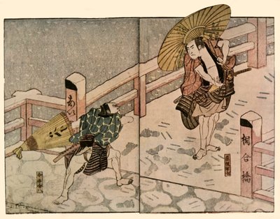 Barfota män med parasoll i snön, 1811, 1924. av Naniwa Shunkosai