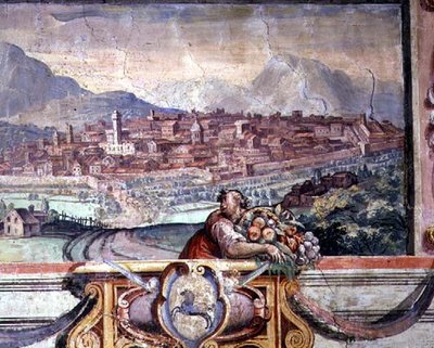 Sovrum, detalj av frisen som visar städer under Medici-styret, möjligen Volterra av Nanni di B. Bigio and Bartolomeo Ammannati